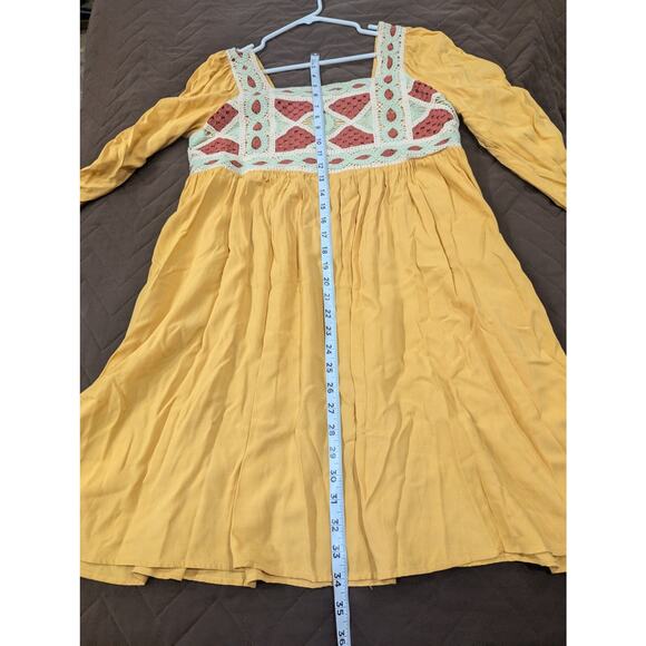 Peasant style slashed sleeves empire-waisted mustard dress w/crochet detailing S - Picture 13 of 13